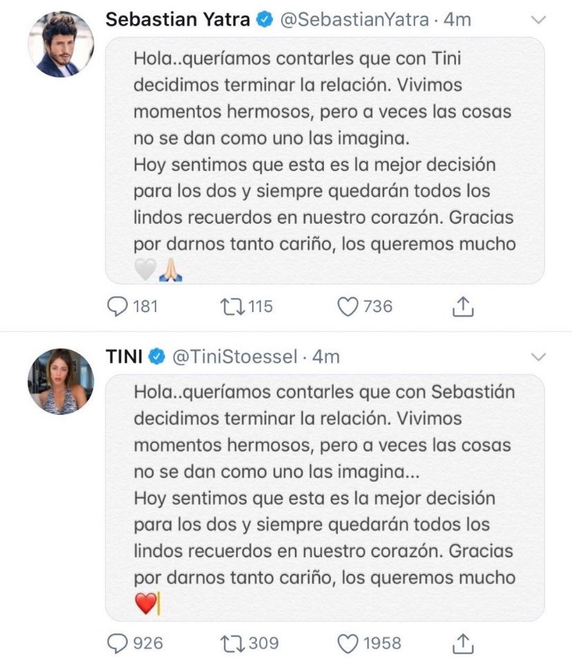 Comunicado de Tini y Sebastián Yatra cuando terminaron su relación. Fuente: Twitter