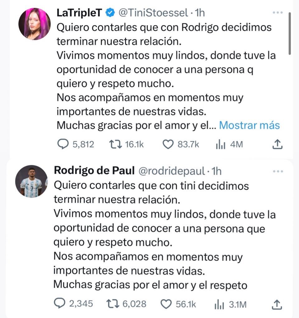 Comunicado de Tini y Rodrigo de Paul cuando terminaron su relación. Fuente: Twitter