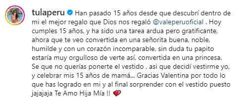 El curioso mensaje de Tula Rodríguez por el cumpleaños número 15 de su hija Valentina/Foto: Instagram