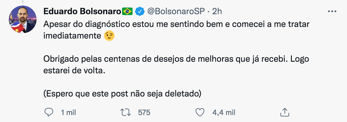 El hijo de Bolsonaro dio positivo para COVID-19 tras volver de Naciones Unidas.