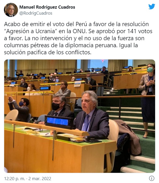 Cancillería: Perú votó a favor de resolución que exige el cese de la fuerza en Ucrania