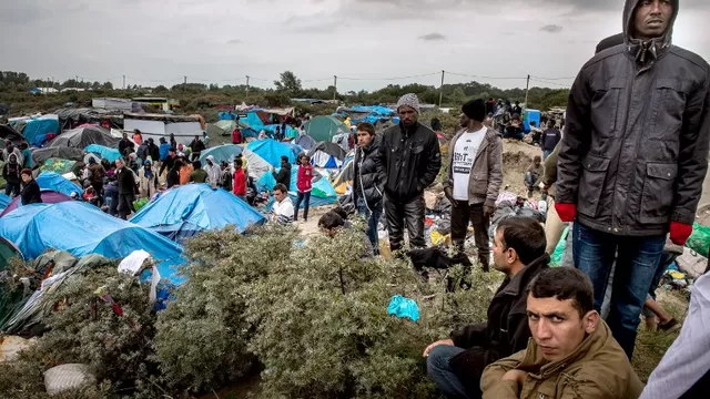 Migrantes se paran en un lugar conocido como el &quot;New Jungle&quot;, donde unos 3.000 personas han establecido un campamento - la mayor&iacute;a buscando desesperadamente para llegar a Inglaterra. (V&iacute;a: AFP)