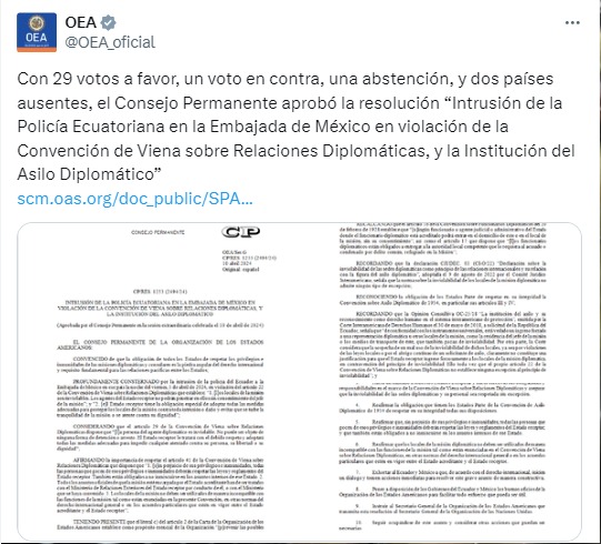 OEA condenó "enérgicamente" la irrupción en embajada mexicana en Ecuador