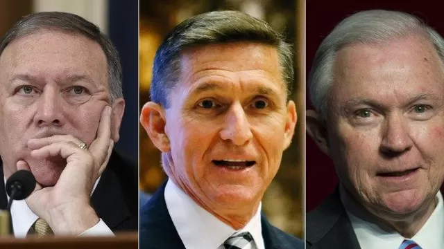 Mike Pompeo, Michael Flynn y Jeff Sessions.