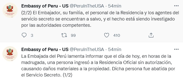 Washington: Reportan tiroteo en la Embajada de Perú en Estados Unidos