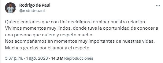 Rodrigo de Paul anunció el fin de su relación con Tini / Fuente: Twitter 