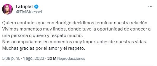 Tini anunció su separación de Rodrigo de Paul / Fuente: Twitter