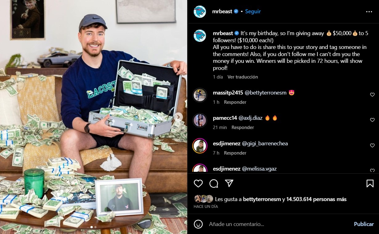 MrBeast alborotó Instagram con jugoso premio de concurso