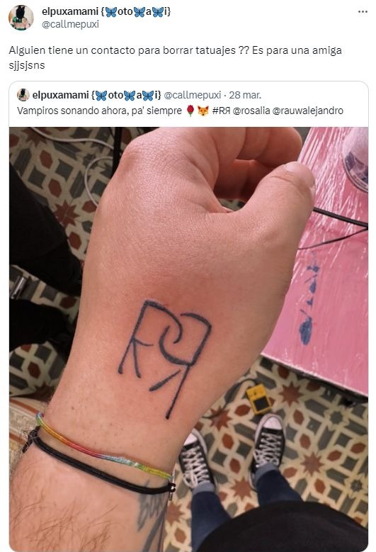 Fanático de Rosalía pide ayuda para borrarse iniciales de la cantante y de Rauw Alejandro / Twitter 
